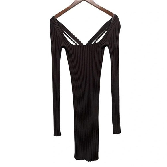 HELMUT LANG Strap Rib-Knit Bodycon Mini Dress Brown Long Sleeve Size M NEW - Picture 6 of 14